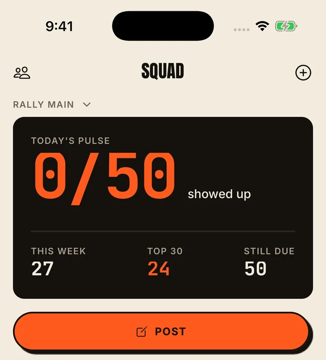Rally squad pulse showing who has checked in today